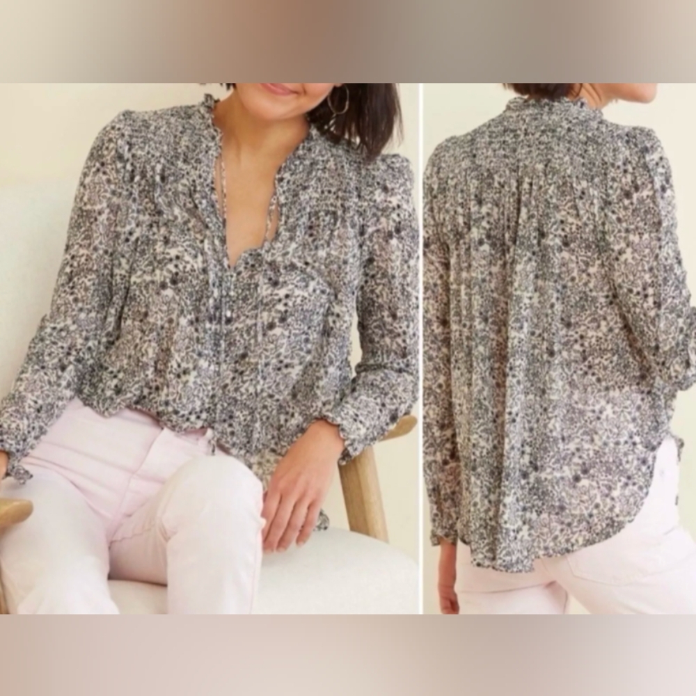 Free People Long Sleeve Floral Smocked Blouse Blue Size Sm